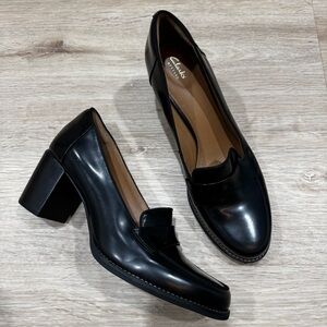 Clarks Tarah Grace Penny Loafer Pumps Black Women Block Heel 9,5 Preppy Witchy